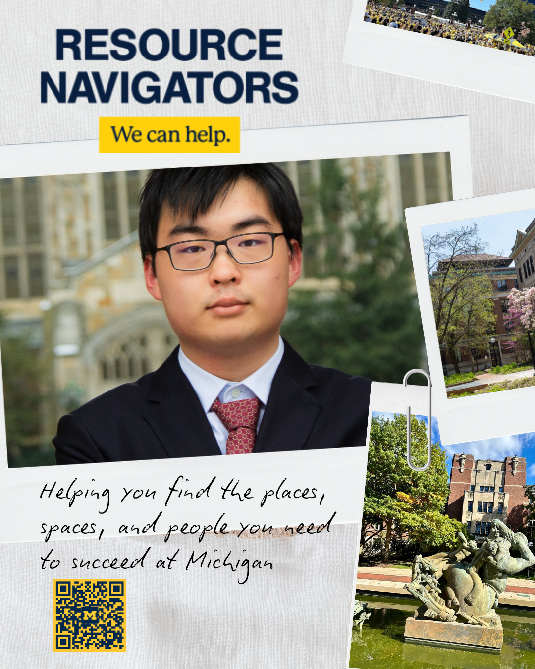 Scrapbook with Polaroid style layout, shows man in suit at the Law Quad.