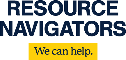 Program Logo: Navy Bold Font "Resource Navigators." Navy small case font in yellow box: "We can help."