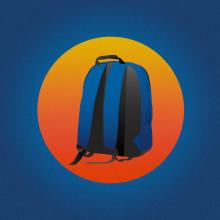 Graphic of blue backpack in an orange circle with blue background