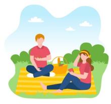 Man and woman sit with picnic on blanket in park (graphic). 