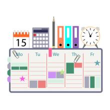 Graphic of calendar with filled dates & times; the weekly view also has a pencil, clock, and books on top.
