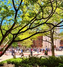 View of Ingalls Plaza filled with students and guests near graduation on a sunny spring day.