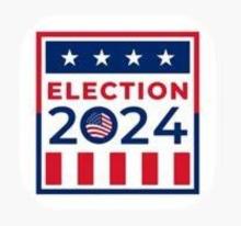 Election 2024 logo (cube) with red, white, and blue flag theme.