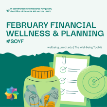 Green graphic shows a money jar, check list, and target with a dollar sign as the bullseye. In bottom left corner is the U-M Wellness Wheel. Text covers event details as written.