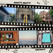 Film-strip view of two rows/six photos (L-R): (row 1) law office "shingle"; student w grad stole in front of law arch; SSW bldg; student in U-M Farm Stand looking into distance; Gulf of Thailand from Hua Hin; tray of dental hygiene tools.