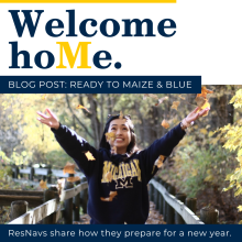 Graphic shows woman on a trail bridge, arms spread wide above head, throwing fall leaves into the air.