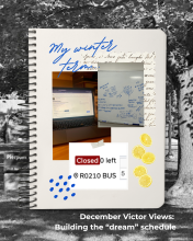 Scrapbook-style graphic shows laptop open to class schedule, course guide with closed class, and brainstorming notes on a white board.