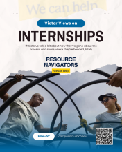 Graphic shares details of Victor Views posting and shows a photo of two people working on a hoop house structure together. QR routes to ResNav appointment page.