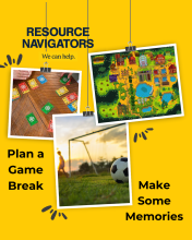 Graphic shows photos of Dutch Blitz card game, video game, and soccer net.