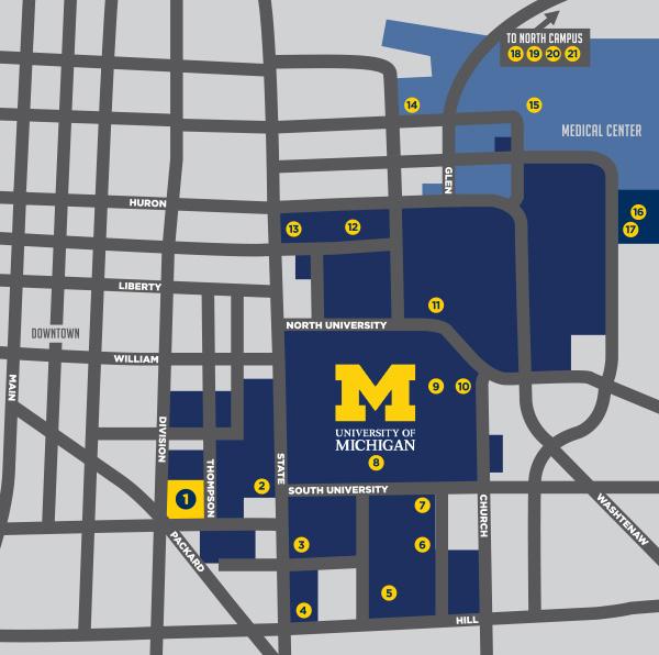 Map with streets of Ann Arbor and blue areas shaded to signify areas of campus.