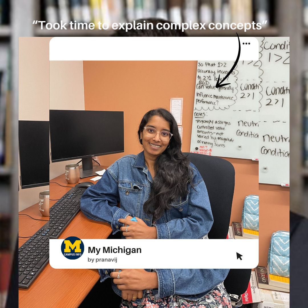 Polaroid photo-design of Pranavi's mentor, Harini Babu, her research lab GSI, a young, brown-skinned woman with long, wavy dark hair and large clear plastic frames in a denim coat, sitting at a desk with crowded notes on white boards behind her.