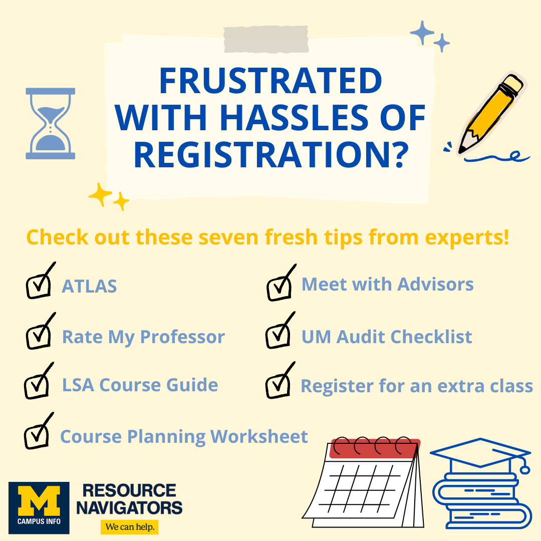 Yellow graphic shows checklist of article subheaders, a pencil, calendar, and stack of books. (Branding includes Student Life socials logo and Resource Navigators brandmark.)