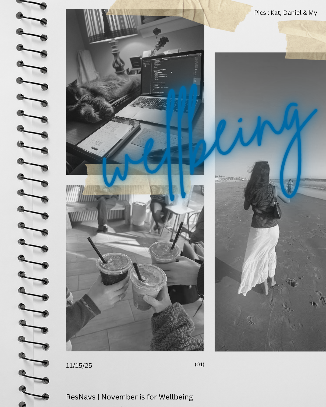 B&W scrapbook page layout shows three pics: desk with cat sleeping by laptop, three hands toasting with matchas, and a the back of a woman taking a photo of something down a beach.